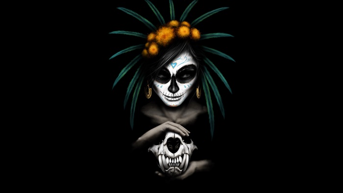 Woman with Sugar Skull face holding a skull