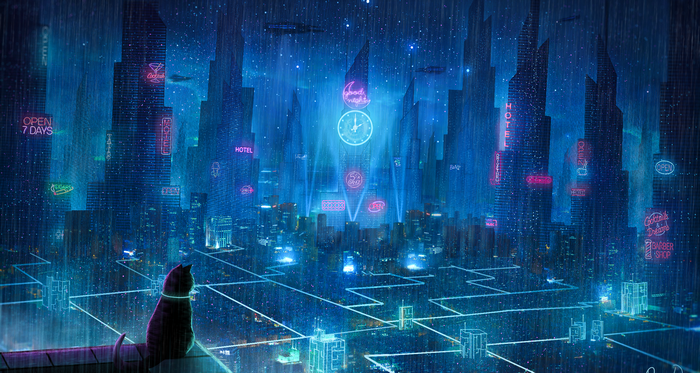 Cat in a futuristic rainy city at night
