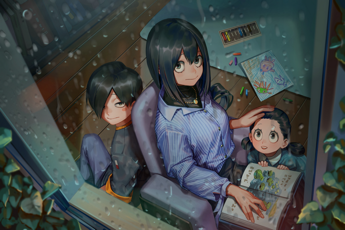 Tsuyu Asui and Family Indoors on Rainy Day