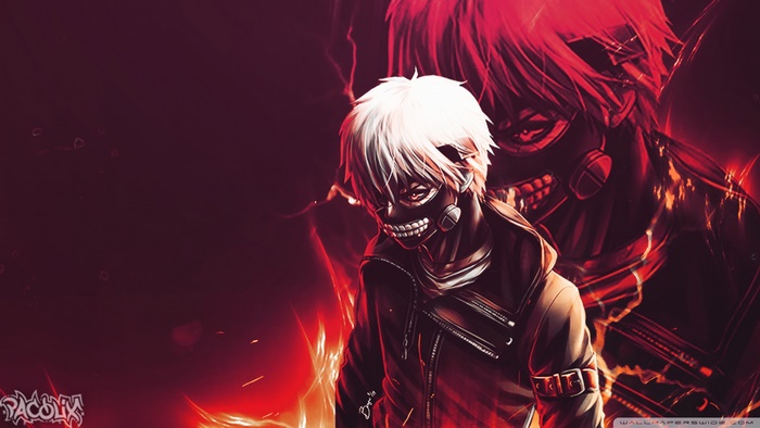 Ken Kaneki Intense Anime Portrait with Fiery Background