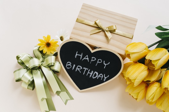 Happy Birthday Gift Box with Yellow Tulips and Flowers