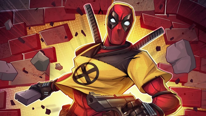 Deadpool breaking through a brick wall with a gun