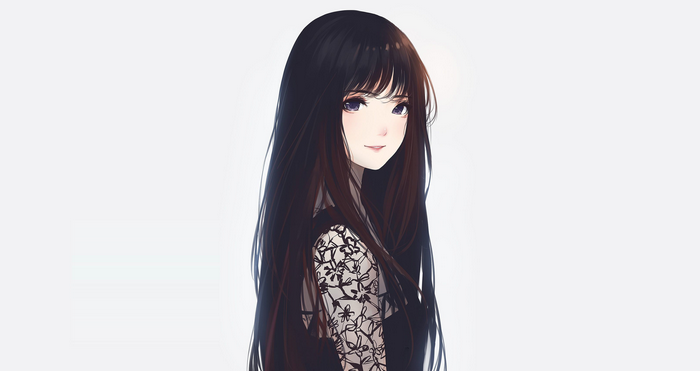 Anime girl with long black hair and purple eyes