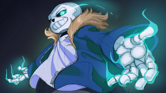 Sans from Undertale with glowing hands
