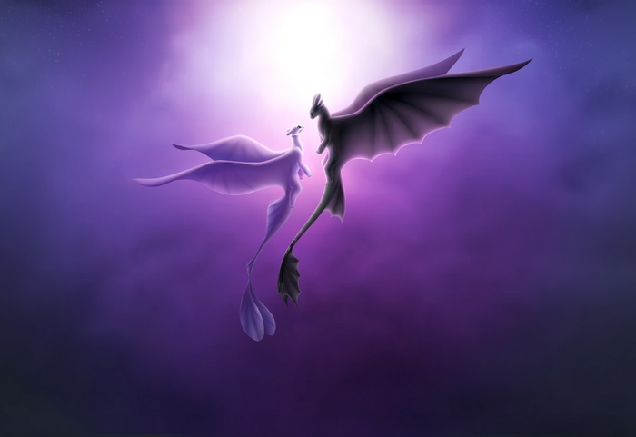 Toothless and White Night Fury in Purple Sky