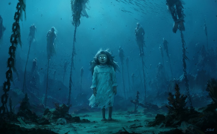 Creepy underwater scene with a girl and ghostly figures