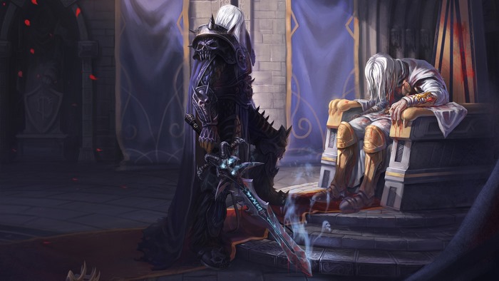 Arthas Menethil from World of Warcraft with a bloody king on a throne