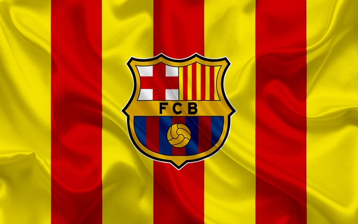 FC Barcelona logo on a striped background