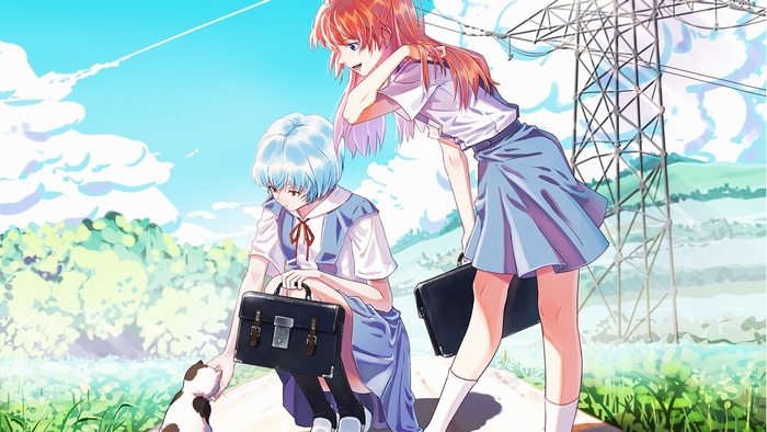Rei Ayanami and Asuka Langley Sohryu from Neon Genesis Evangelion with a cat