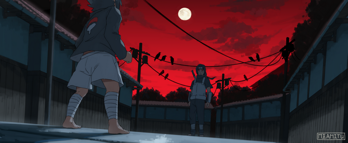 Itachi and Sasuke Uchiha Confrontation Under Red Sky