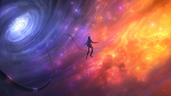 Astronaut floating in colorful nebula near a galaxy