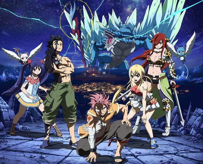 Fairy Tail characters with dragon in background