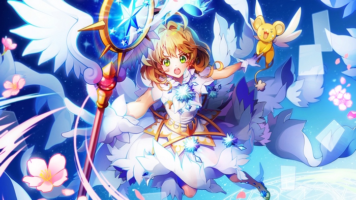 Sakura Kinomoto with Magical Staff and Keroberos