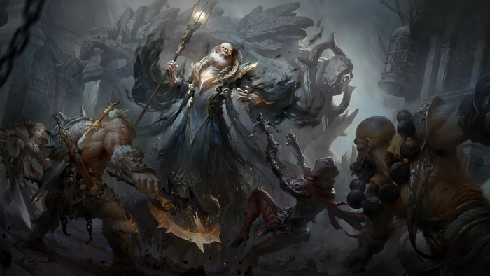 Wizard battling demons and warriors in Diablo III