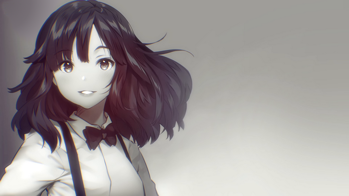 Anime girl with bow tie and suspenders