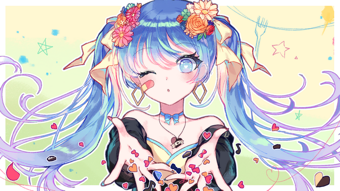 Hatsune Miku with Flowers and Hearts