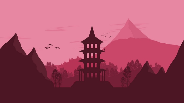 Japanese pagoda with mountains and birds