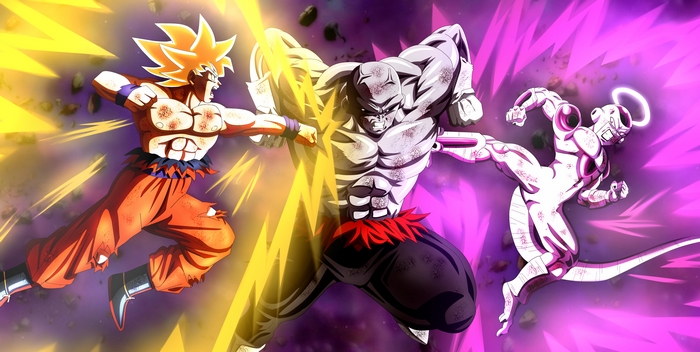 Goku, Jiren, and Frieza from Dragon Ball fighting
