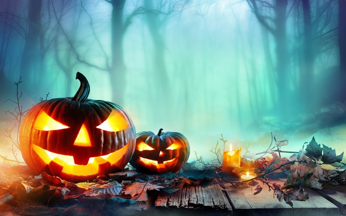 Halloween pumpkins and candles in a foggy forest