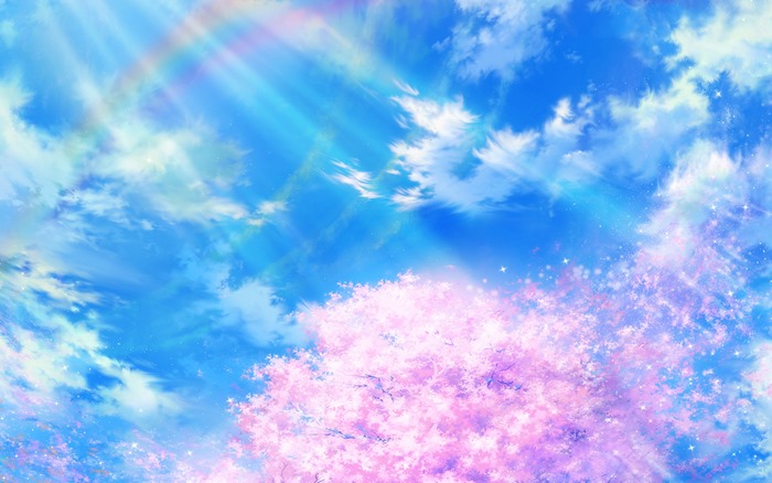 Sakura Blossom Tree with Rainbow and Clouds