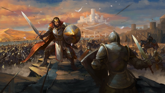 Two armored warriors with swords and shields face each other before a large army and a castle.