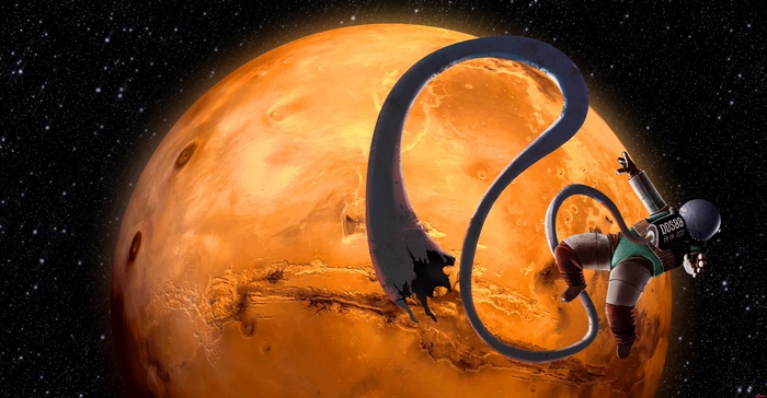 Astronaut floating near Mars with a strange blue entity