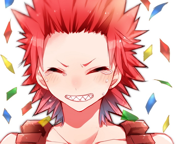 Eijiro Kirishima Smiling with Spiky Red Hair and Confetti