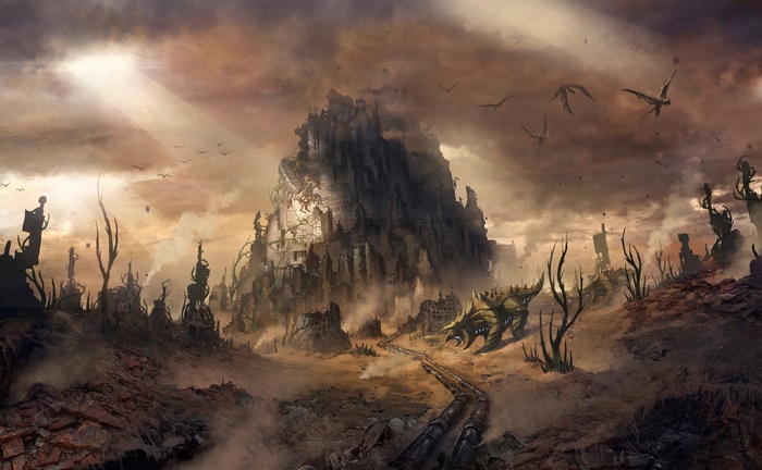Post-apocalyptic city with creatures and flying beasts