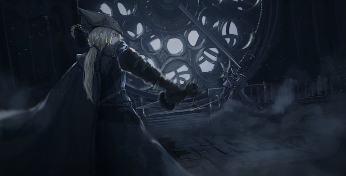 Lady Maria from Bloodborne fighting near a large clockwork mechanism