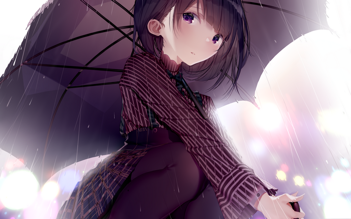 Anime girl with brown hair and purple eyes under an umbrella in the rain