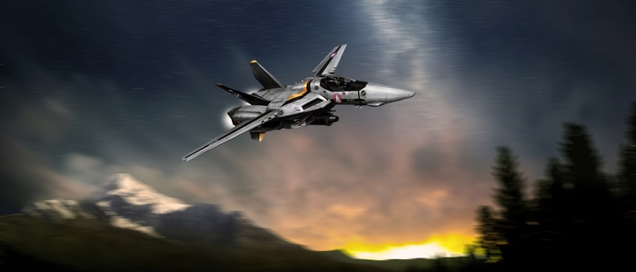 VF-1 Valkyrie fighter jet flying over mountains at sunset