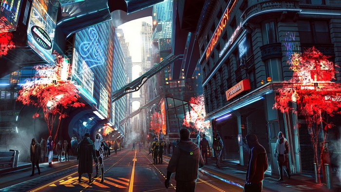 Futuristic Cyberpunk City Street with People