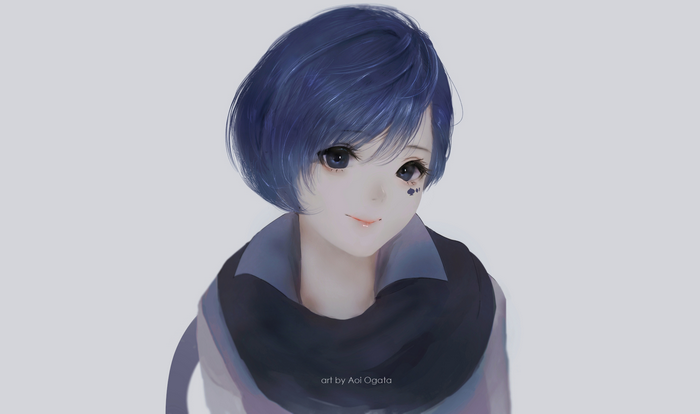 Anime girl with short blue hair and scarf
