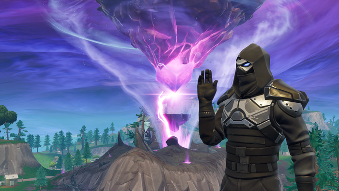 Fortnite Battle Royale character with a vortex and floating island