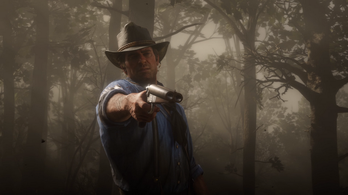 Arthur Morgan Aiming Shotgun in Foggy Forest