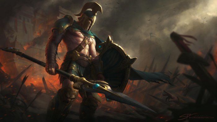 Warrior with Helmet, Shield, and Spear in Battle