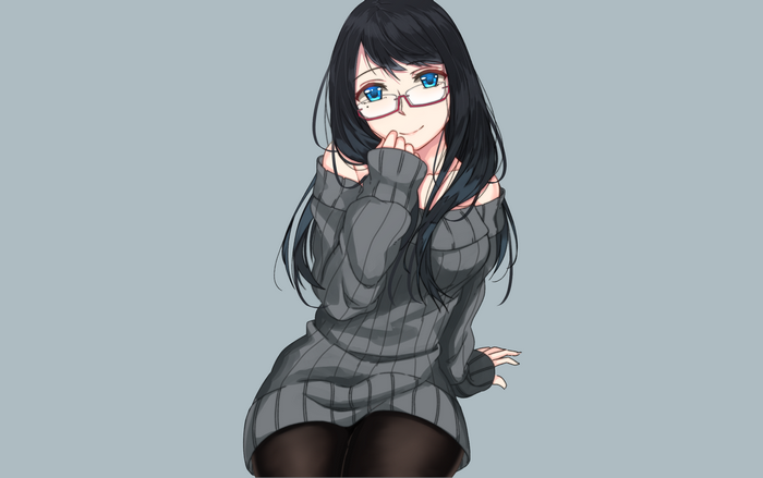 Anime girl with black hair and blue eyes wearing glasses and a sweater