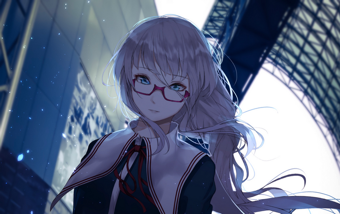 Anime girl with white hair and glasses in a school uniform
