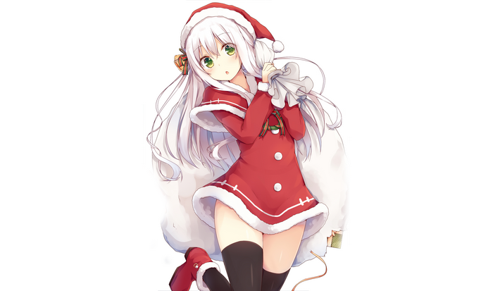 Anime Girl with White Hair in Santa Hat and Skirt