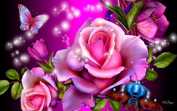 Pink Roses and Butterflies with Sparkles
