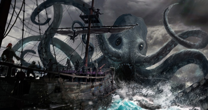 Kraken attacking a pirate ship on stormy seas