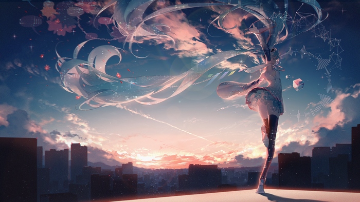 Hatsune Miku Dancing at Sunset Over Cityscape
