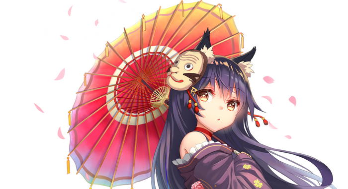Anime girl with fox ears holding a Japanese umbrella