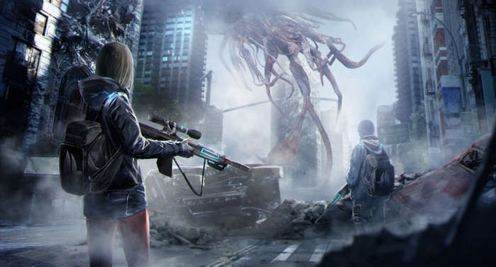 Woman warrior and boy face alien monster in ruined city