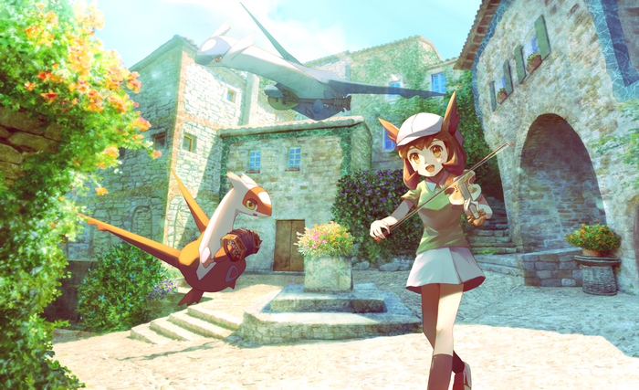 Bianca from Pokémon playing violin with Latias and Latios flying