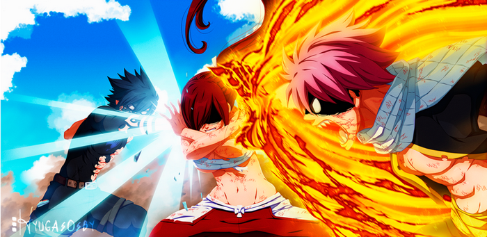 Erza Scarlet, Gray Fullbuster, and Natsu Dragneel fighting