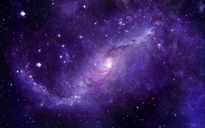 Purple spiral galaxy with stars in deep space
