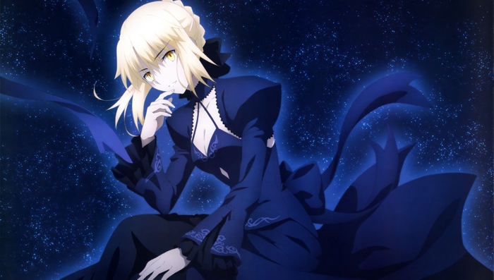 Saber Alter in Elegant Dark Dress Under Starry Sky