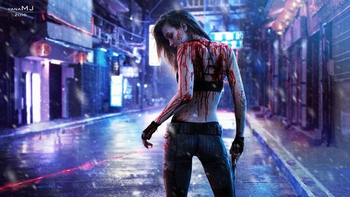 Bloody girl with laser in cyberpunk city