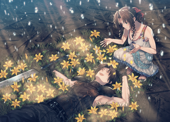 Aerith and Zack from Final Fantasy VII in flowers